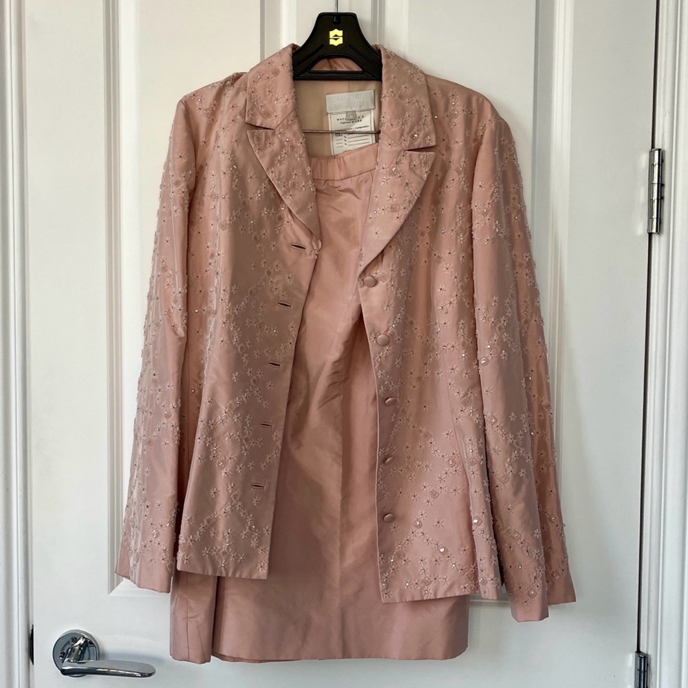 Badgley Mischka Blush Pink Silk Embroidered Jacket and Dress two piece set